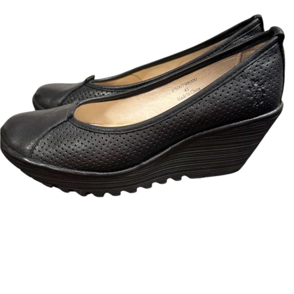 Fly London Black Perforated Leather Platform Wedges